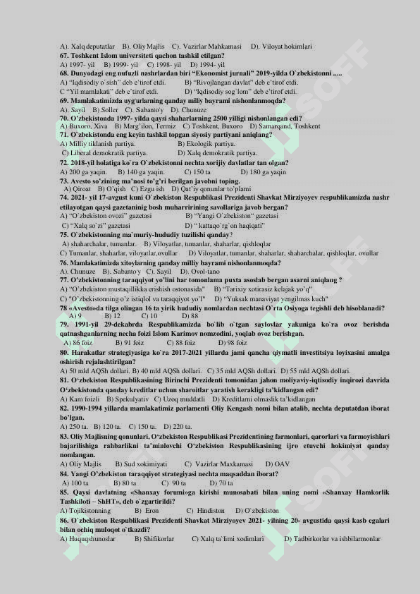 O’ZBEKISTONNING ENG YANGI TARIXI FANIDAN TESTLAR TO’PLAMI 4