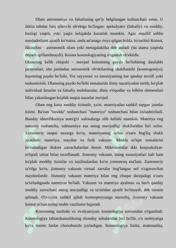 Olamning paydo bo’lishi va evolyutsiyasi. 2