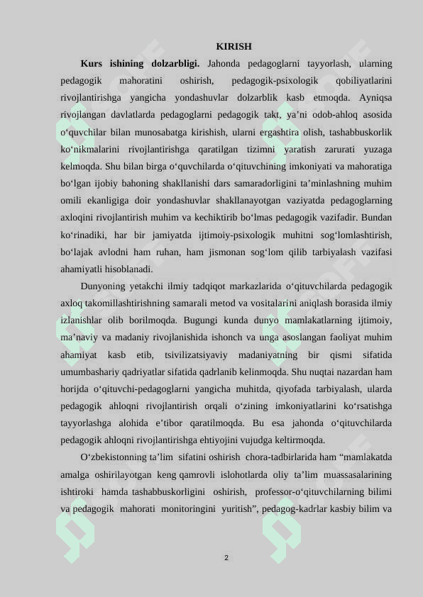 O‘QITUVCHINING PEDAGOGIK AXLOQI MAVZUSIDA KURS ISHI 2