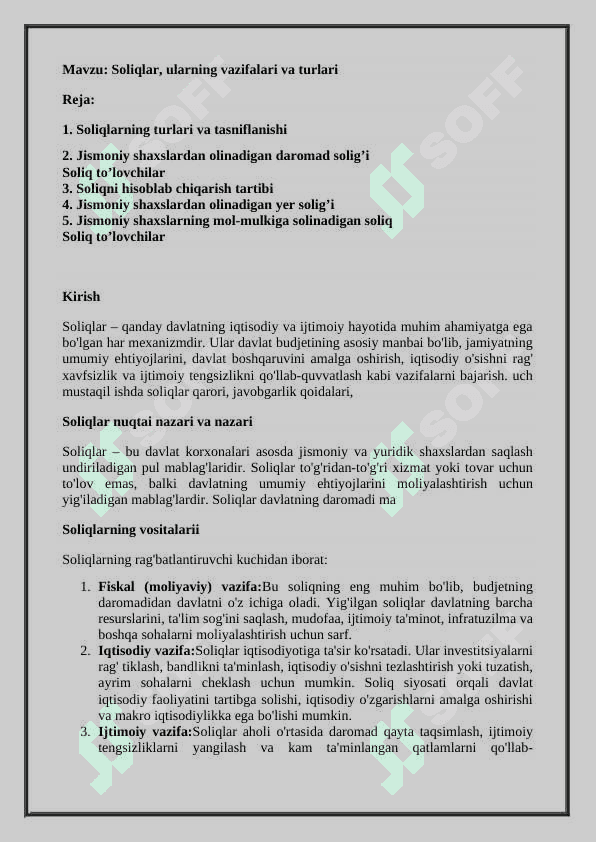 Soliqlar, ularning vazifalari va turlari 2