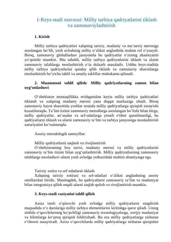 Milliy tarbiya qadriyatlarini tiklash va zamonaviylashtirish