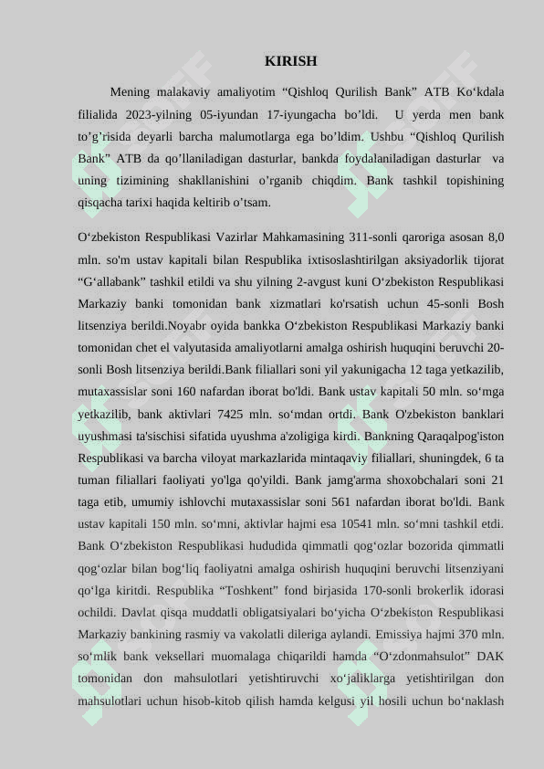Qishloq Qurilish Bank. Amaliyot hisoboti 2