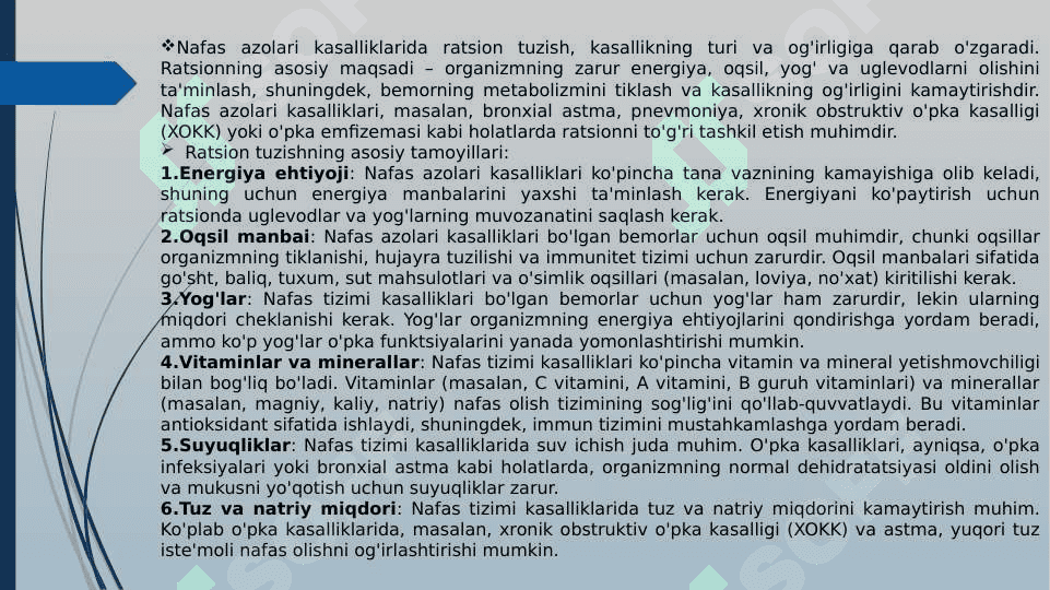 Nafas azolari kasalliklarida ratsionalini tuzishda taomnomalari 2
