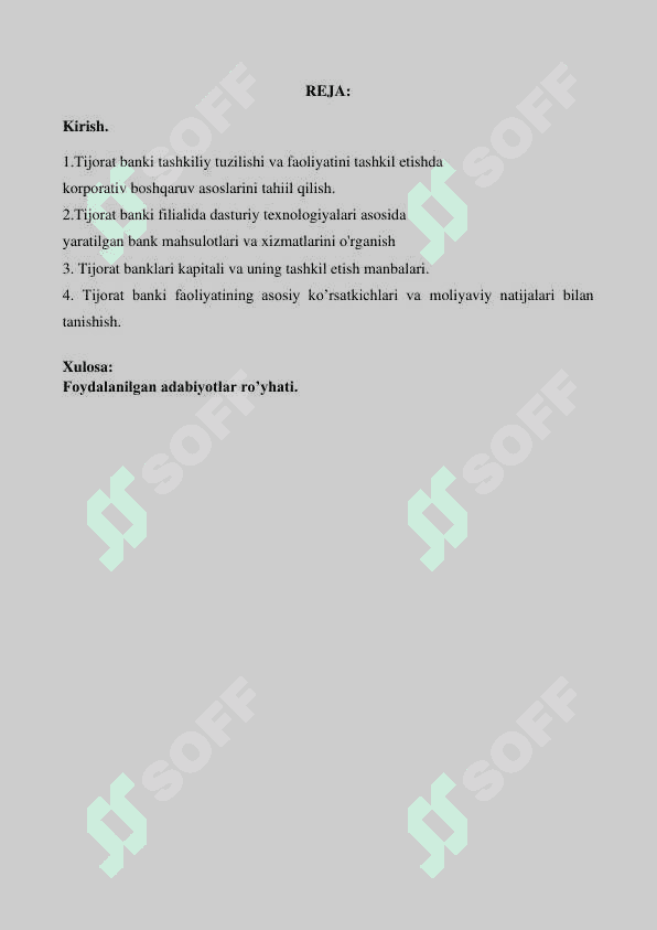 “BANK ISHI” BAKALAVRIAT TA’LIM YO’NALISHI BO’YICHA  TANISHUV AMALIYOT   H I S O B O T I 2
