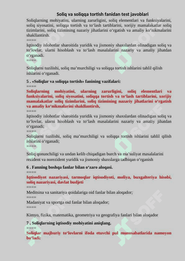 Soliq va soliqqa tortish fanidan test javoblari pptx 2