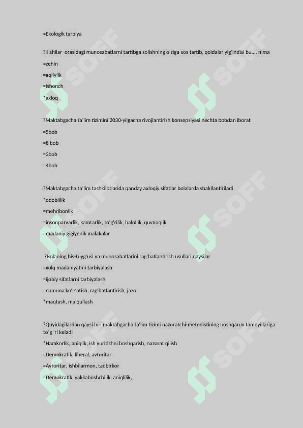 Maktabgacha ta’lim PEDAGOGIKA test javoblari bilan 8