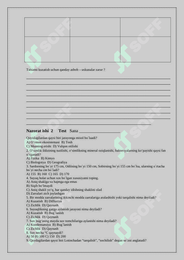 6-sinf “TABIIY FAN “  FANIDAN NAZORAT ISHI 2