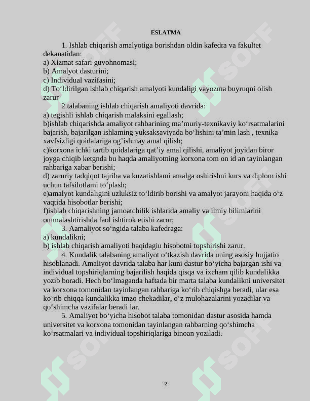 AMALIYOTI BO‘YICHA TALABANING KUNDALIGI 2