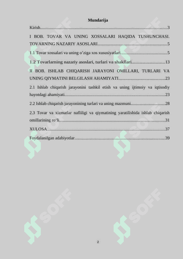 Tovar va uning xossalari. Ishlab chiqarish jarayoni 2