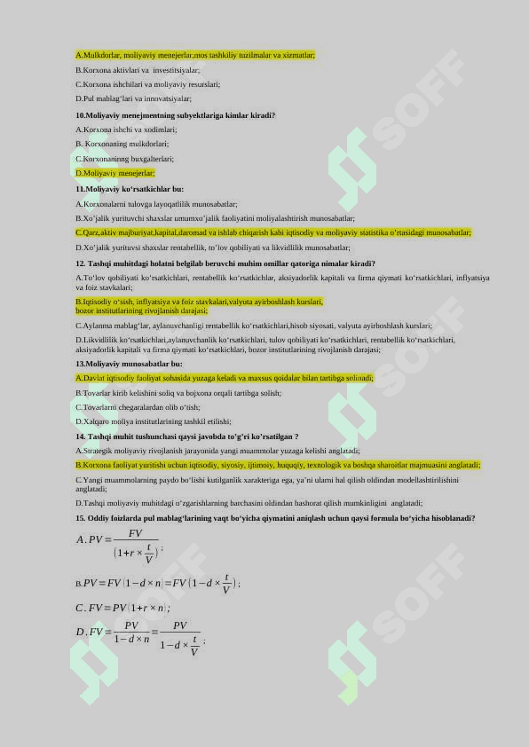 Moliyaviy menejment Yakuniy test savollari va javoblari. 2