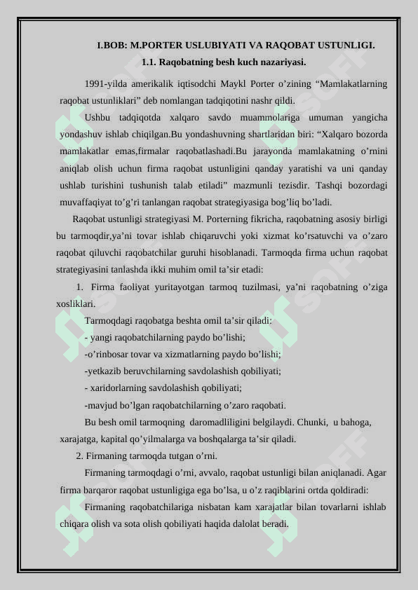 Maykl porter uslubiyatiga ko’ra o’zbekistonning raqobat ustunligi. 5
