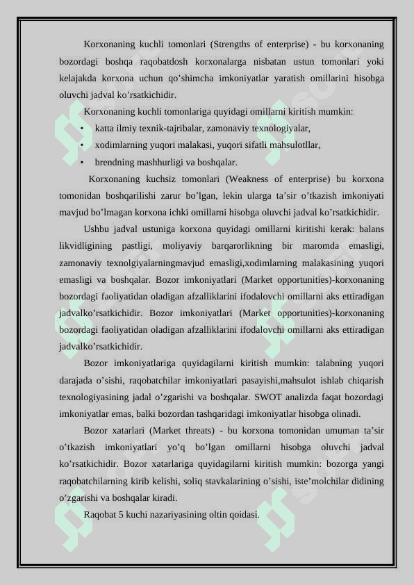 Maykl porter uslubiyatiga ko’ra o’zbekistonning raqobat ustunligi. 8