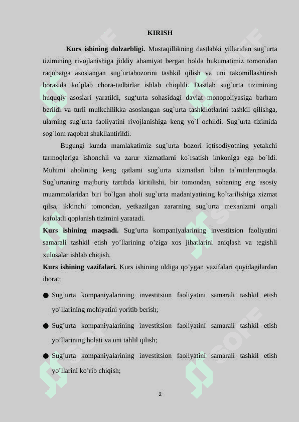 SUG’URTA KOMPANIYALARINING INVESTITSION FAOLIYATINI SAMARALI TASHKIL ETISH YO’LLARI. KURS ISHI 2