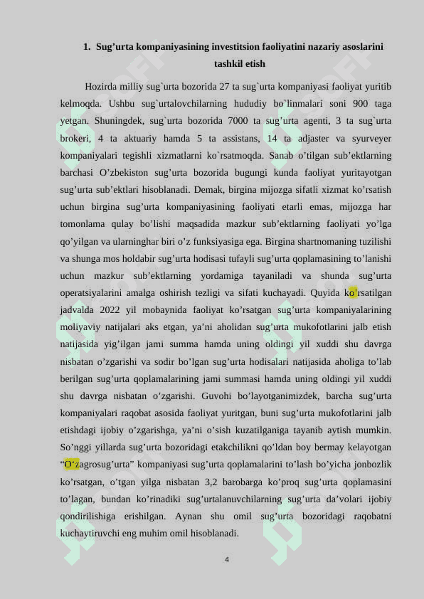 SUG’URTA KOMPANIYALARINING INVESTITSION FAOLIYATINI SAMARALI TASHKIL ETISH YO’LLARI. KURS ISHI 4