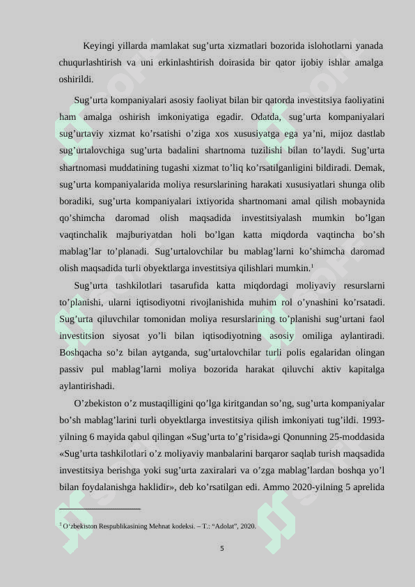 SUG’URTA KOMPANIYALARINING INVESTITSION FAOLIYATINI SAMARALI TASHKIL ETISH YO’LLARI. KURS ISHI 5