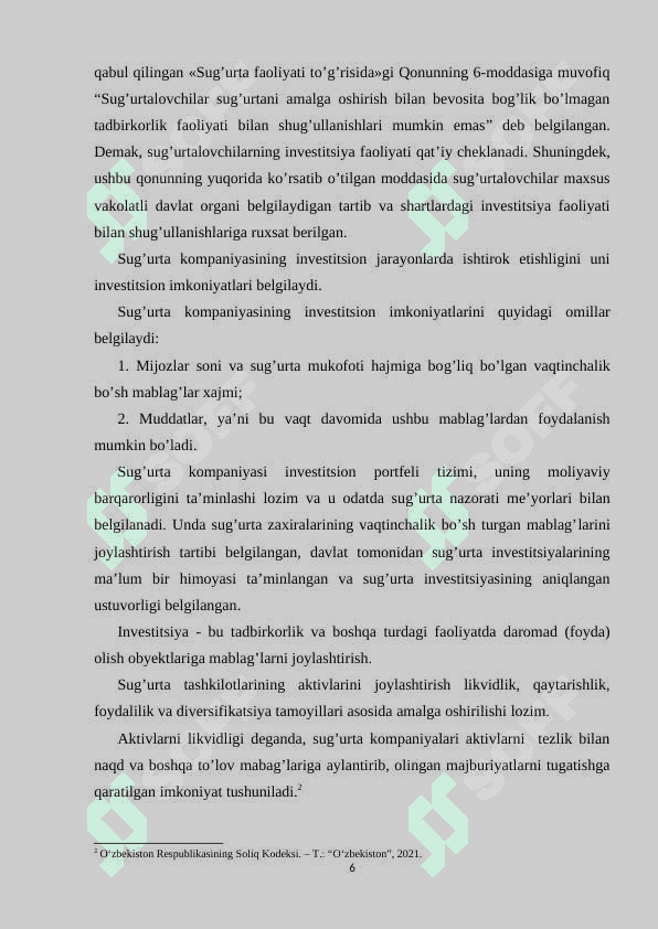 SUG’URTA KOMPANIYALARINING INVESTITSION FAOLIYATINI SAMARALI TASHKIL ETISH YO’LLARI. KURS ISHI 6