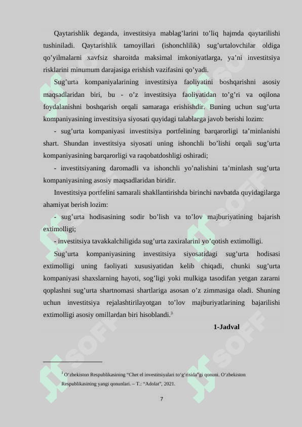SUG’URTA KOMPANIYALARINING INVESTITSION FAOLIYATINI SAMARALI TASHKIL ETISH YO’LLARI. KURS ISHI 7