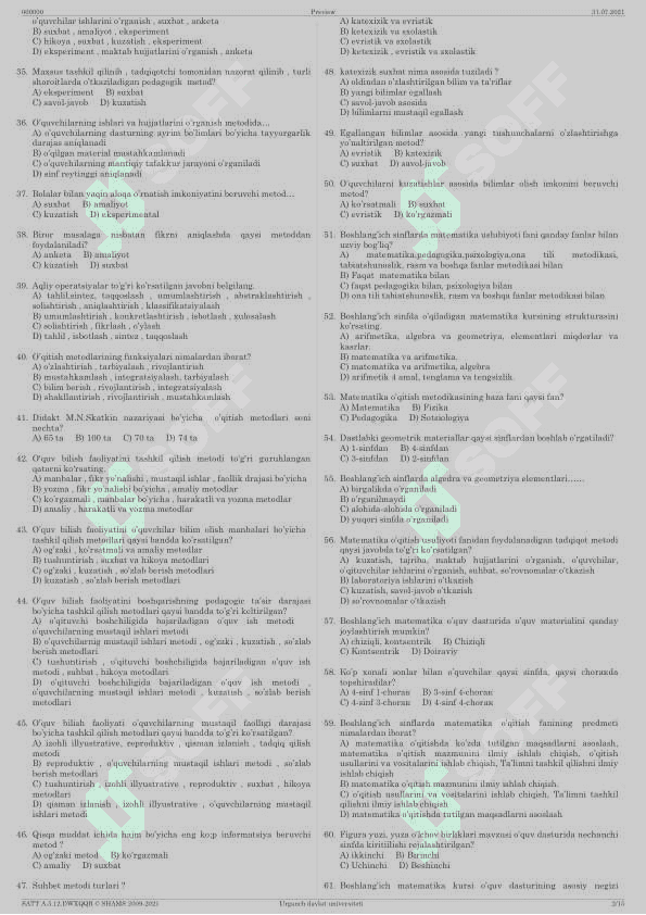 matematika o'qitish metodikasi test 2