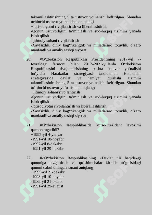 O'zbekistonning eng yangi tarixi fanidan yakuniy test. javoblari bilan 5