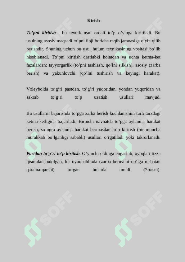Voleybol to’pni pastdan o’yinga kiritish texnikasini o’rgatish 2