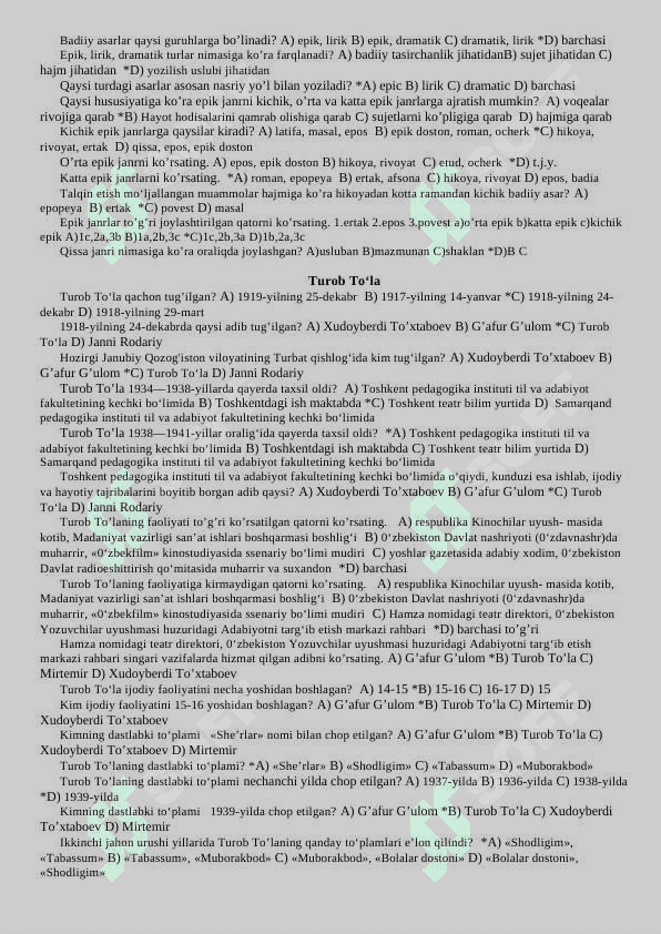 6- sinf adabiyot darsligidan mavzulashtirilgan testlar 3