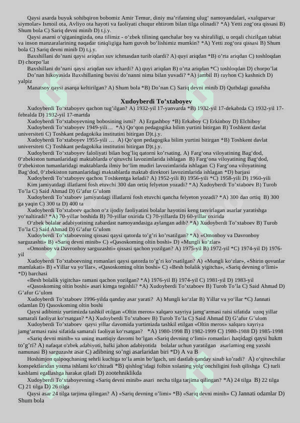 6- sinf adabiyot darsligidan mavzulashtirilgan testlar 5