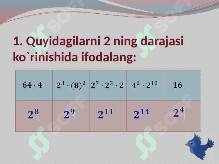 Natural ko`rsatkichli darajaning xossalari. 5