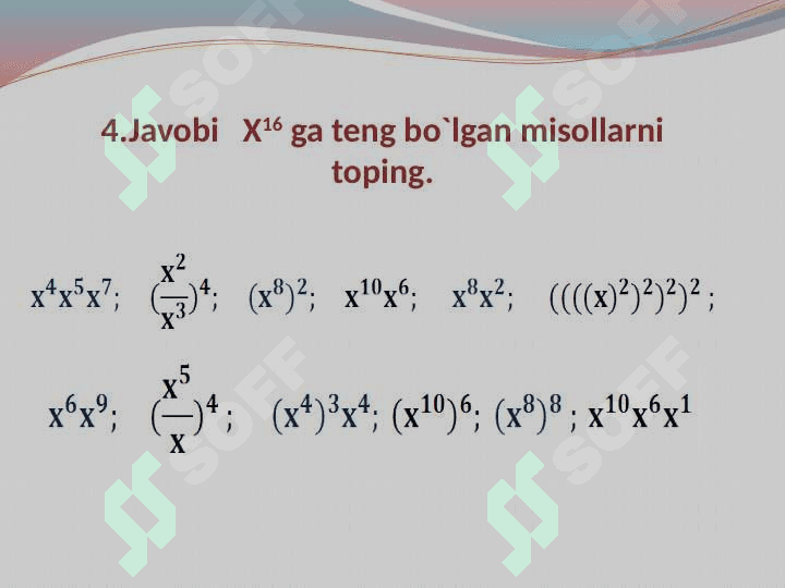 Natural ko`rsatkichli darajaning xossalari. 7
