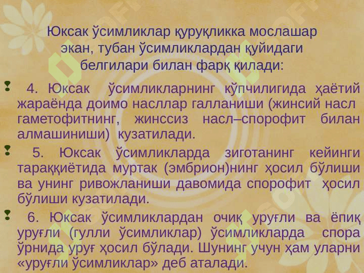 Юксак ўсимликлар систематикаси фанига кириш. pptx 6