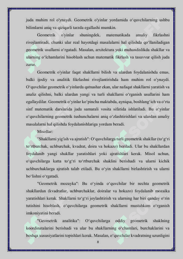 Matematik o'yinlar va ularning turlari 8