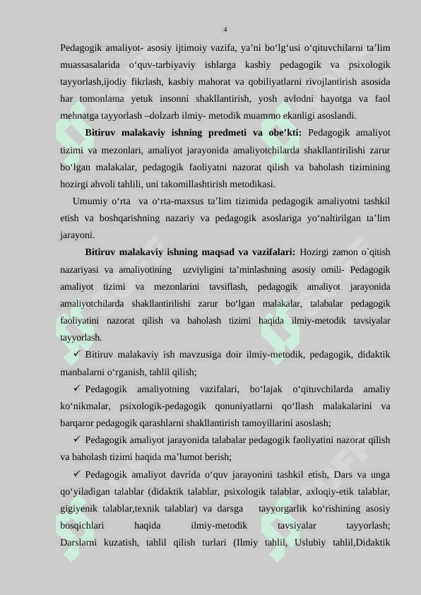 Talabalar malakaviy amaliyotini tashkil qilish, nazorat etish va baholash metodikasi 4