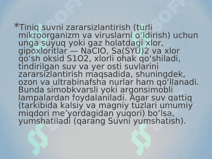 Ichimlik suvi sifatini yaxshilanishining asosiy usullari 4