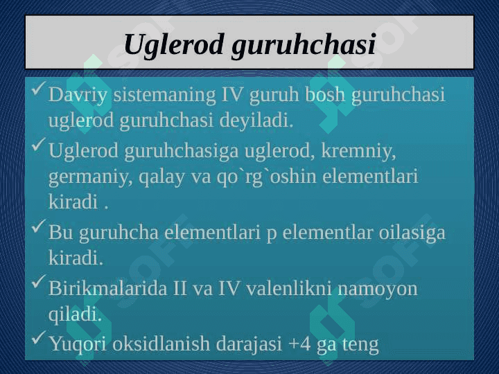 Metallmaslar. Uglerod guruhi elementlariga umumiy tavsif. 6