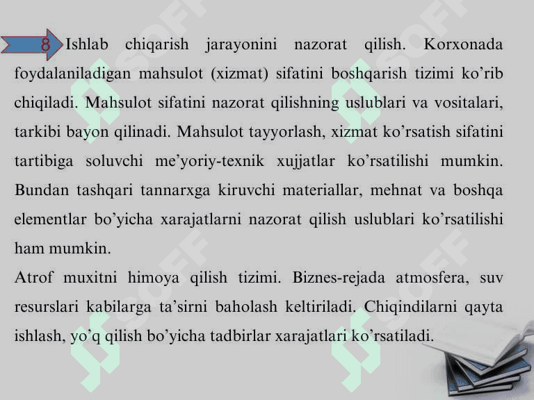 Biznes loyihada ishlab chiqarish rejasi. 8