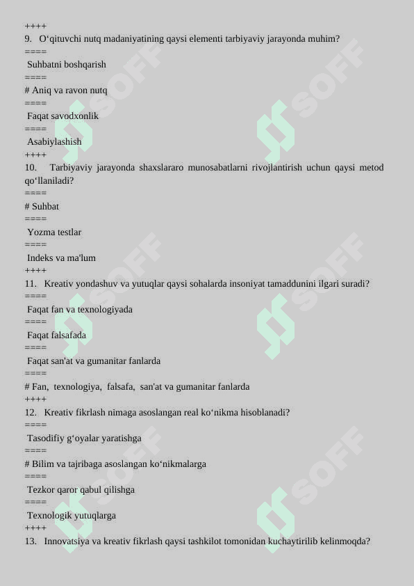 Tarbiya fanini o’qitish metodikasi 200 talik test to'g'ri javoblari bilan 3