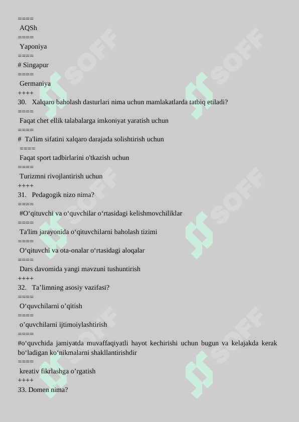 Tarbiya fanini o’qitish metodikasi 200 talik test to'g'ri javoblari bilan 8