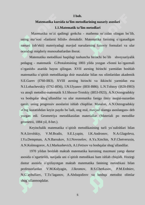 “MATEMATIKA O‘QITISHNI LOYIHALASHTIRISH VA O‘QITUVCHINING DARSGA TAYYORLANISHI  SISTEMASI, DARS TAHLILI” 6