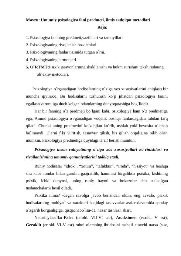 Umumiy psixologiya fani predmeti, ilmiy tadqiqot metodlari