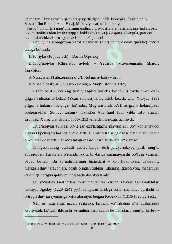 O'rta Osiyo xalqlari Chig'atoy ulusi tarkibida 8