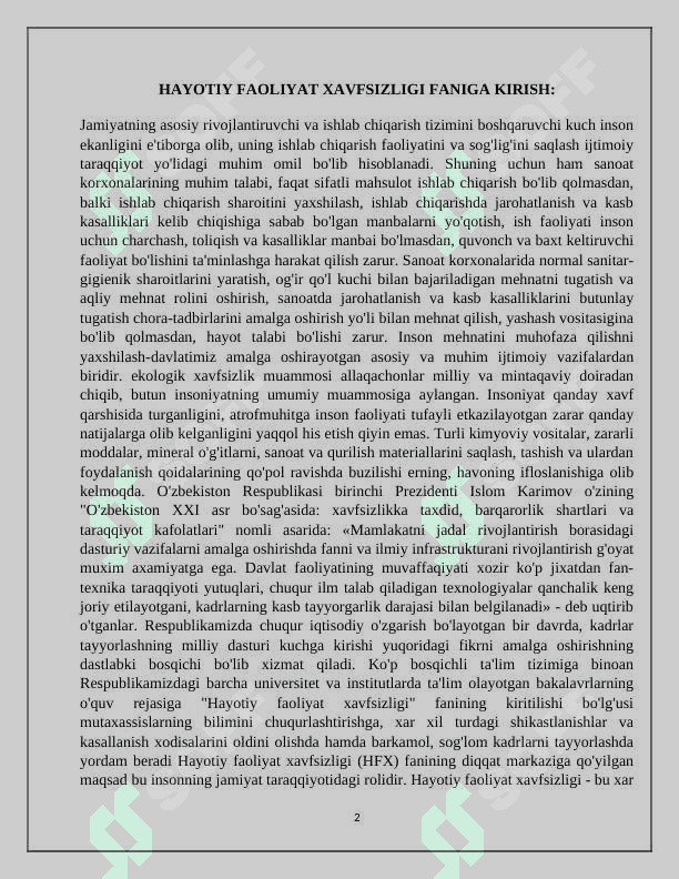 HAYOT FAOLIYATI XAVFSIZLIGI FANINING BUGUNGI KUNDAGI AHAMIYATI. 2