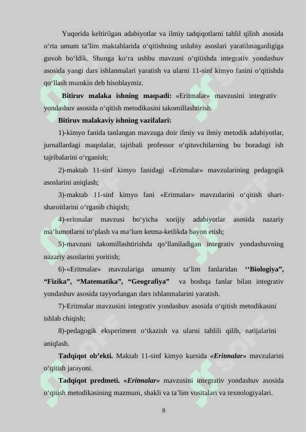 «Eritmalar» mavzusini integrativ yondashuv asosida oʻqitish metodikasini takomillashtirish 8