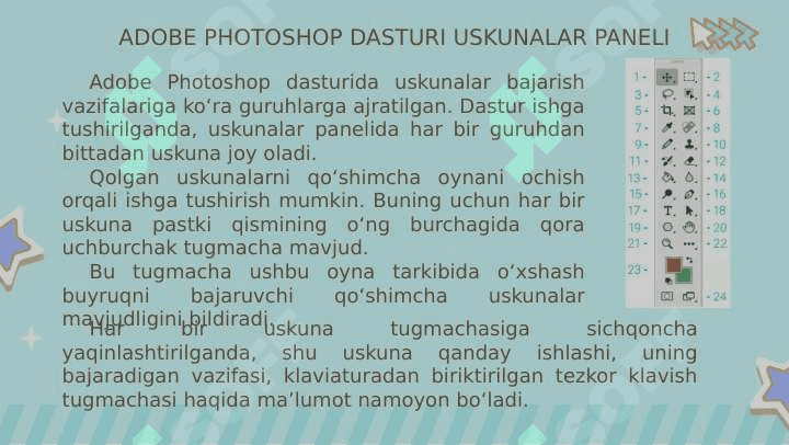 ADOBE PHOTOSHOP DASTURI INTERFEYSI VA USKUNALAR PANELI 7