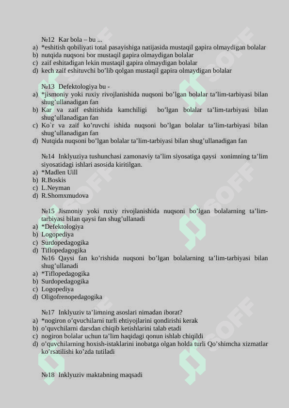 Inklyuziv ta'lim Gospital pedagogikadn  test 3