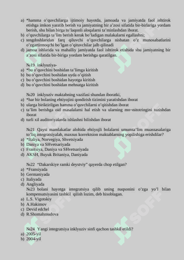 Inklyuziv ta'lim Gospital pedagogikadn  test 4