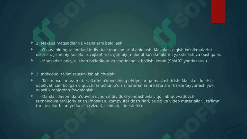 Mavzu: Imkoniyati cheklangan bolalarni inklyuziv ta’lim jarayonida o’qitishda individual dasturlarni tuzish, metodik va didaktik ta’minotini yaratish 3