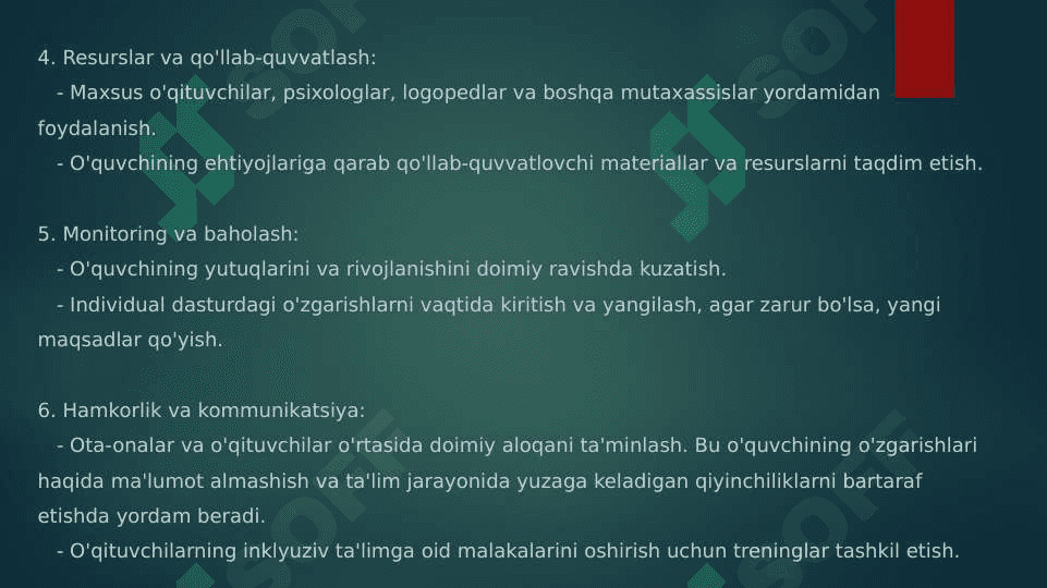 Mavzu: Imkoniyati cheklangan bolalarni inklyuziv ta’lim jarayonida o’qitishda individual dasturlarni tuzish, metodik va didaktik ta’minotini yaratish 4