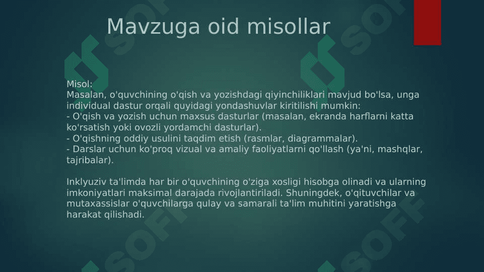 Mavzu: Imkoniyati cheklangan bolalarni inklyuziv ta’lim jarayonida o’qitishda individual dasturlarni tuzish, metodik va didaktik ta’minotini yaratish 5