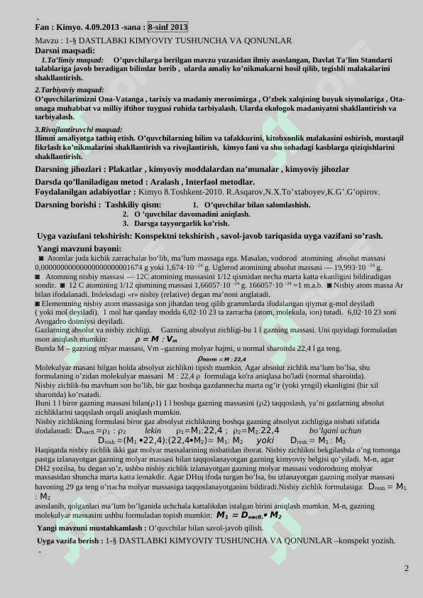 8-sinf kimyo konspekt dars uchun 2
