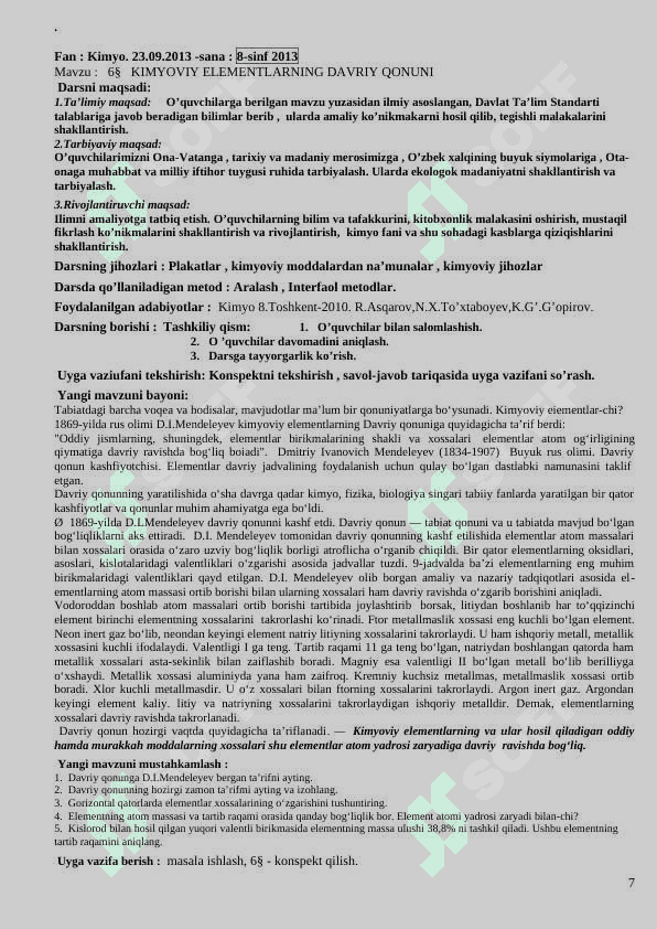8-sinf kimyo konspekt dars uchun 7