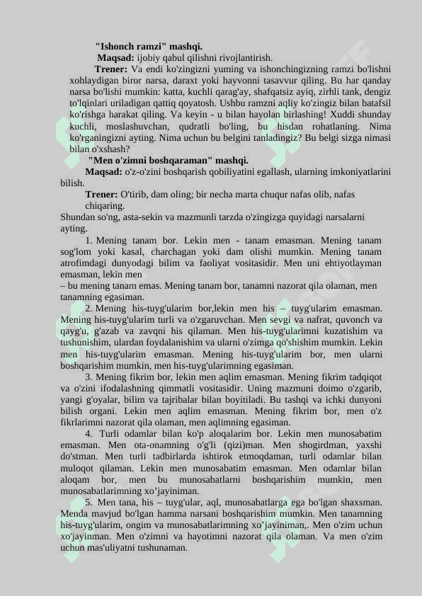 "O'ziga ishonch hosil qilish" Trening ishlanma 2